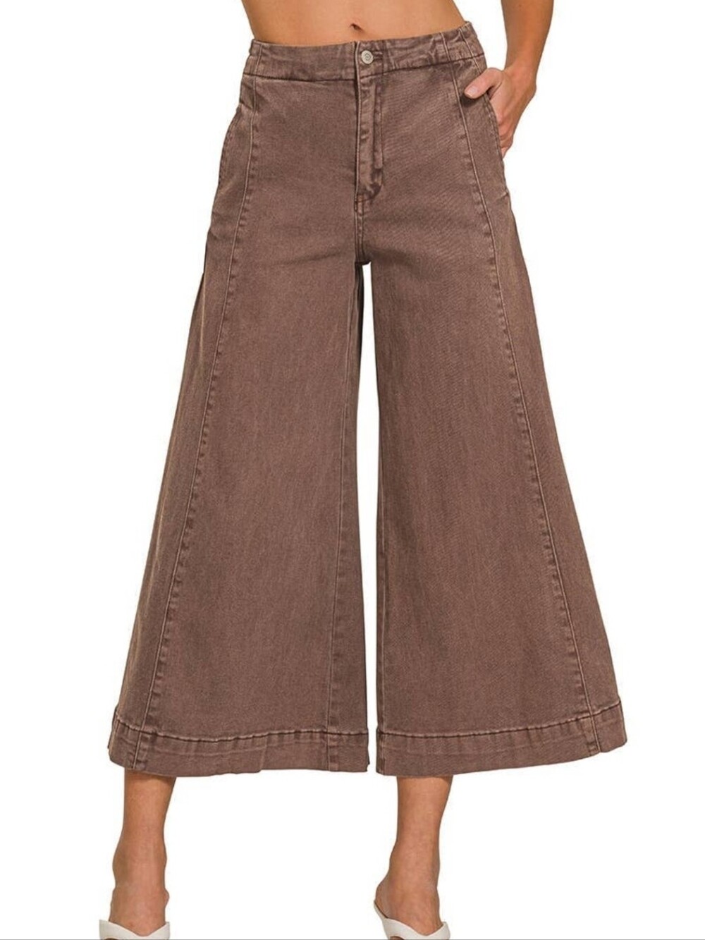 Zenana Outfitters Wide-Leg Cropped Jeans in Brown